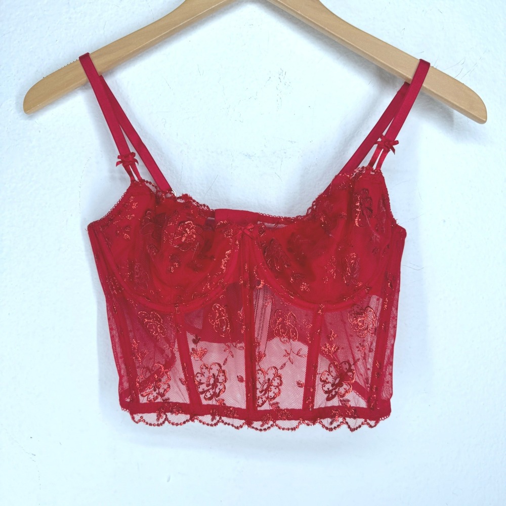 Victoria's Secret Dream Angels Red Metallic Floral Lace Corset Bustier Top M